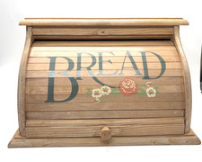 Vintage Wood Bread Box Accordion Roll Door Light Medium Wood flowers-READ