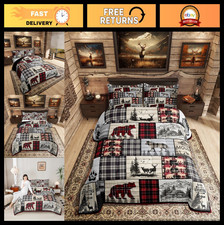 Rustic Woodland Comforter Set Full - Wolf Deer Bear Red Black Buffalo Plaid Bedd