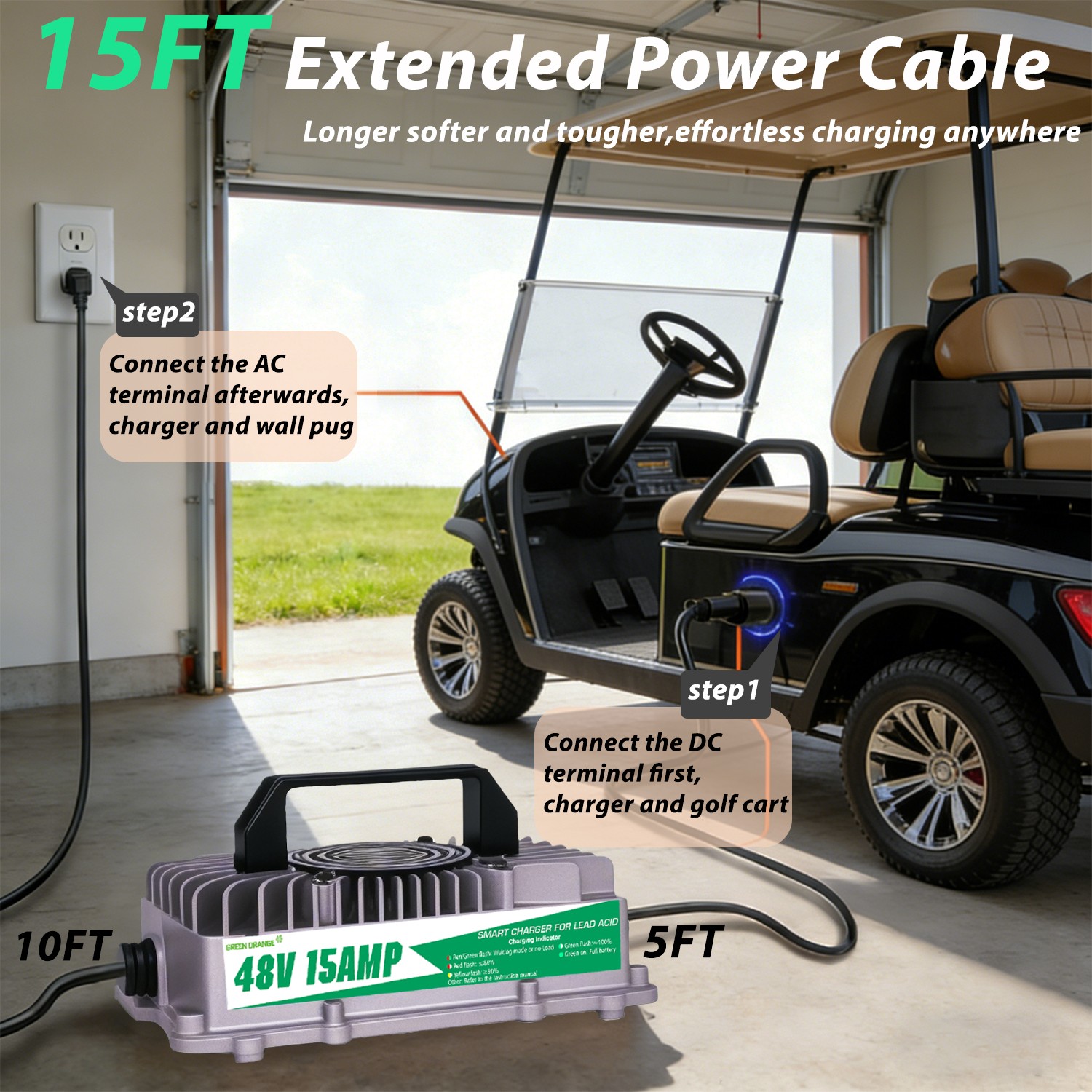 48V 15A Golf Cart Battery Charger IP67 For Club Car 3-Pin Smart Lead Acid