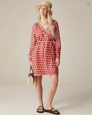New J Crew Cabana Mini Dress Sz M Coral Orange Block Floral Print Long Sleeve