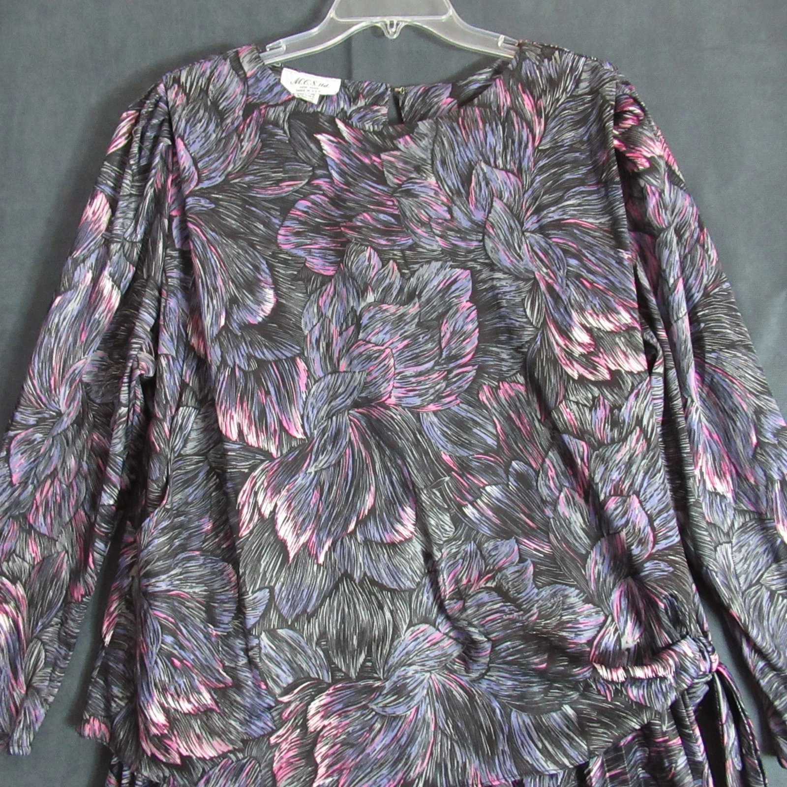 VETEMENTS Abito Vintage MCS Ltd Taglia XL Grigio Viola Segretario Geek Pieghettato Modesto Anni 80 Maxi