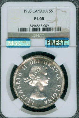 1958 CANADA SILVER DOLLAR NGC MS68 PQ MAC FINEST SPOTLESS POP-5 VERY RARE .