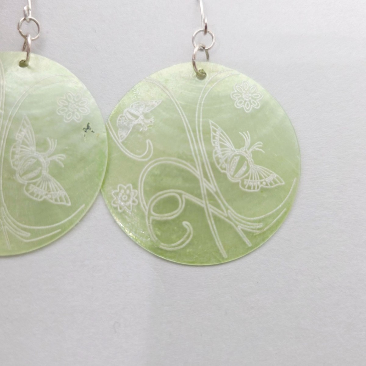Round Green Shell Earrings With Butterfly & Floral Engraving Design 2.5" View 3