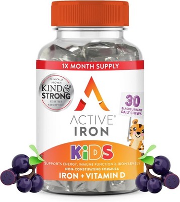 Active Iron Supplement 7mg + Vitamin D for Kids Increase Energy Levels 30 Chews
