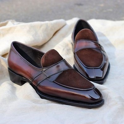 Brand New Men Handmade Brown Leather and Suede Casual Loafer Business Wear Shoes