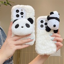 Case For iphone  Samsung Phone Winter Plush Panda Fluffy Shockproof Soft Covers
