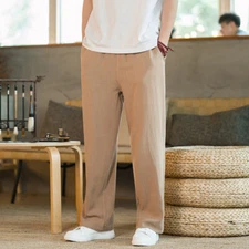 Men Linen Blend Baggy Kung Fu Pants Elastic Waist Trousers Straight Legs Casual