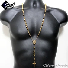 30+5"MEN's Stainless Steel HEAVY 8mm Gold Plated Beads Cross Rosary Necklace