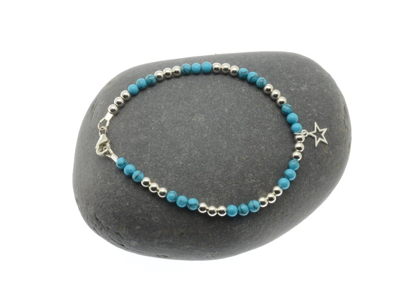 Anklet Turquoise 925 Sterling Silver Beads Star Charm Clasp Handmade Gift