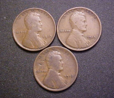 1910, 13, 16-P Set Circ Lincoln Wheat Cents -3 Great Collector Coins-c3239xux