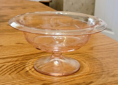 Antique Pink Depression Glass Footed Bowl w Etching & Rolled Edge