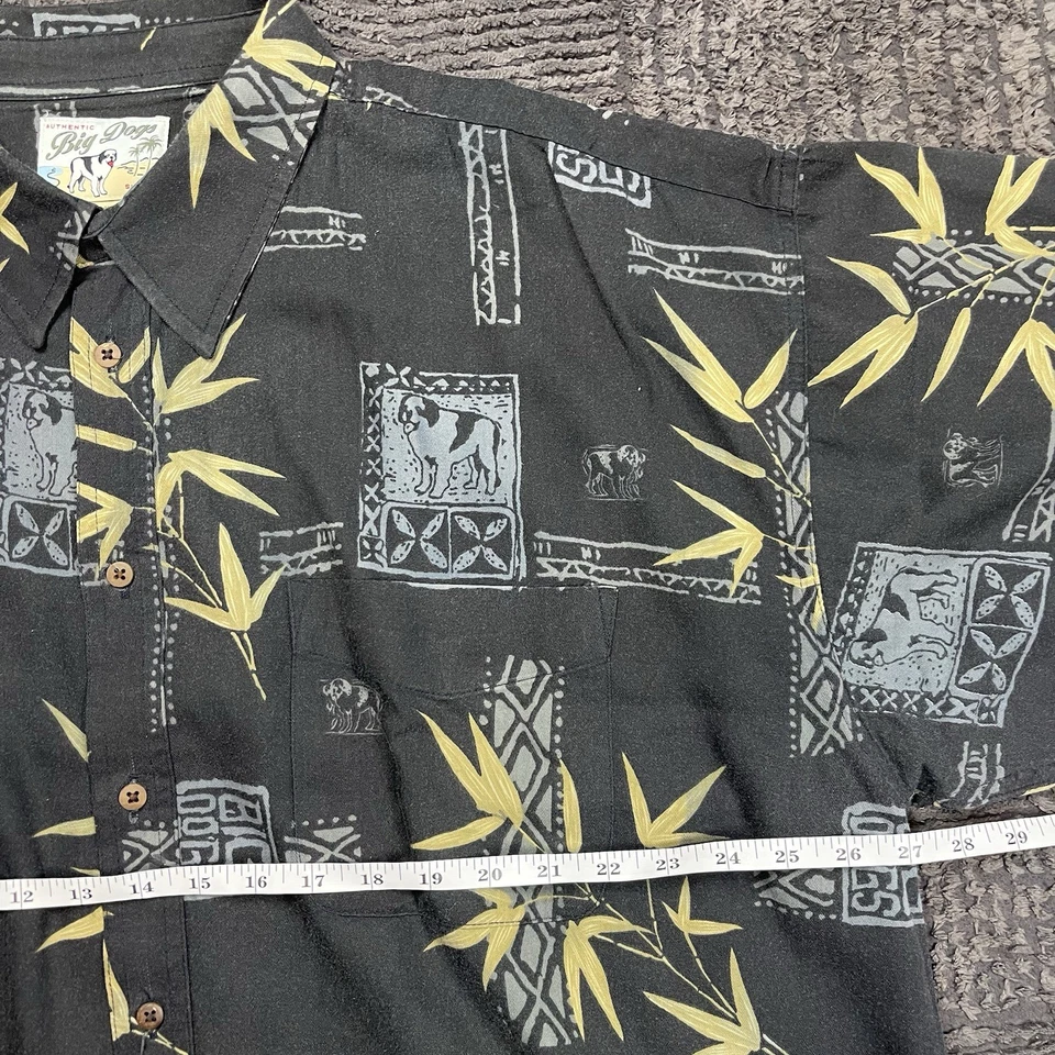Camisa havaiana Big Dogs 3XL manga curta botão frontal preta amarela estampa de bambu - Imagem 4 de 4