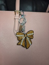 Football Bow Bag Charm Keychain Brown White Rhinestone - Gold Hardware