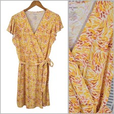 Nine West Dress XL stretch Wrap Top Belted Yellow Orange Knee Length Spring