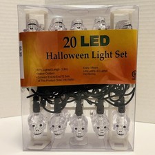 20 LED Skull Halloween Light Set 6 Ft Indoor Outdoor Clear Skull Lights NIB