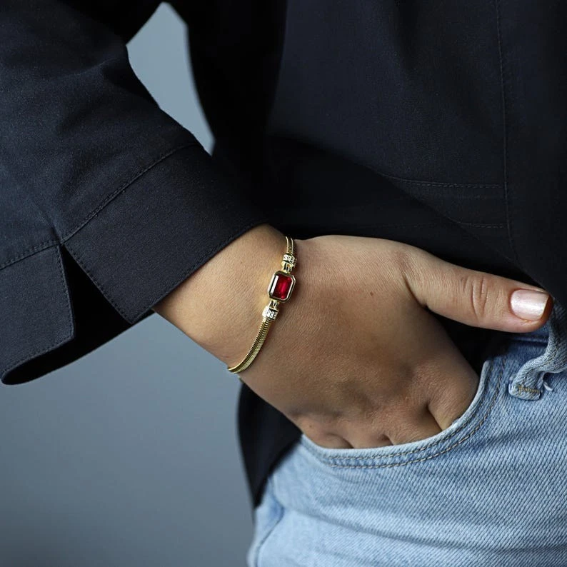 Silver Dainty Ruby Bracelet Baguette Herringbone Ruby Bracelet - Image 4 of 4