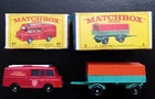 2 Vtg. 1966 Matchbox Lesney ~ #57 Land Rover Fire Truck ~ #2 Mercedes Trailer