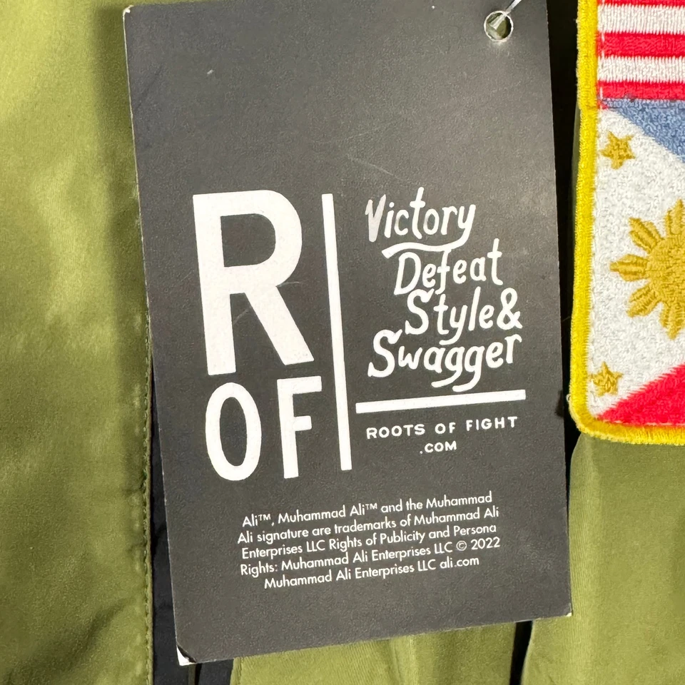 Chaqueta Roots of Fight Para Hombre M Verde Ali Frazier Thrilla en Manila Bombardero RARA Foto 4 de 4