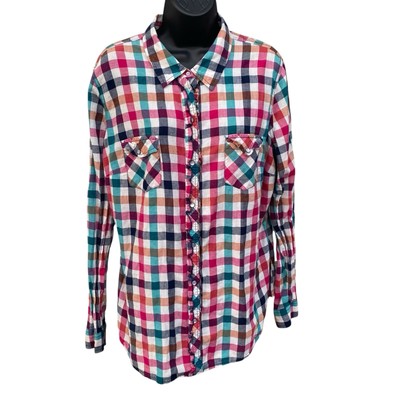 Arizona Multi Color plaid Ruffle Pearl Snap Closure 100% Cotton Pockets Size 1X