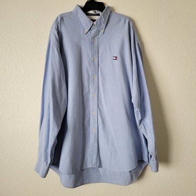 Tommy Hilfiger Men's Shirt VTG Button Up XL Flag Logo Blue Y2K 90s Dress Preppy