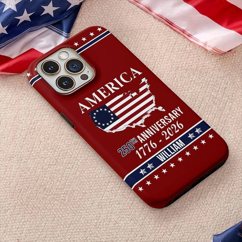 Personalized USA 250th Anniversary iPhone Case with American Flag Design