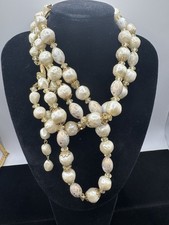 Vintage 3-Strand Faux Pearl Necklace Gold Tone Textured Spacer Beads Statement