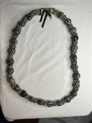 Vintage Unique Hand Strung Green Mongo Shell Lei Necklace Black Ribbon Tie 18''