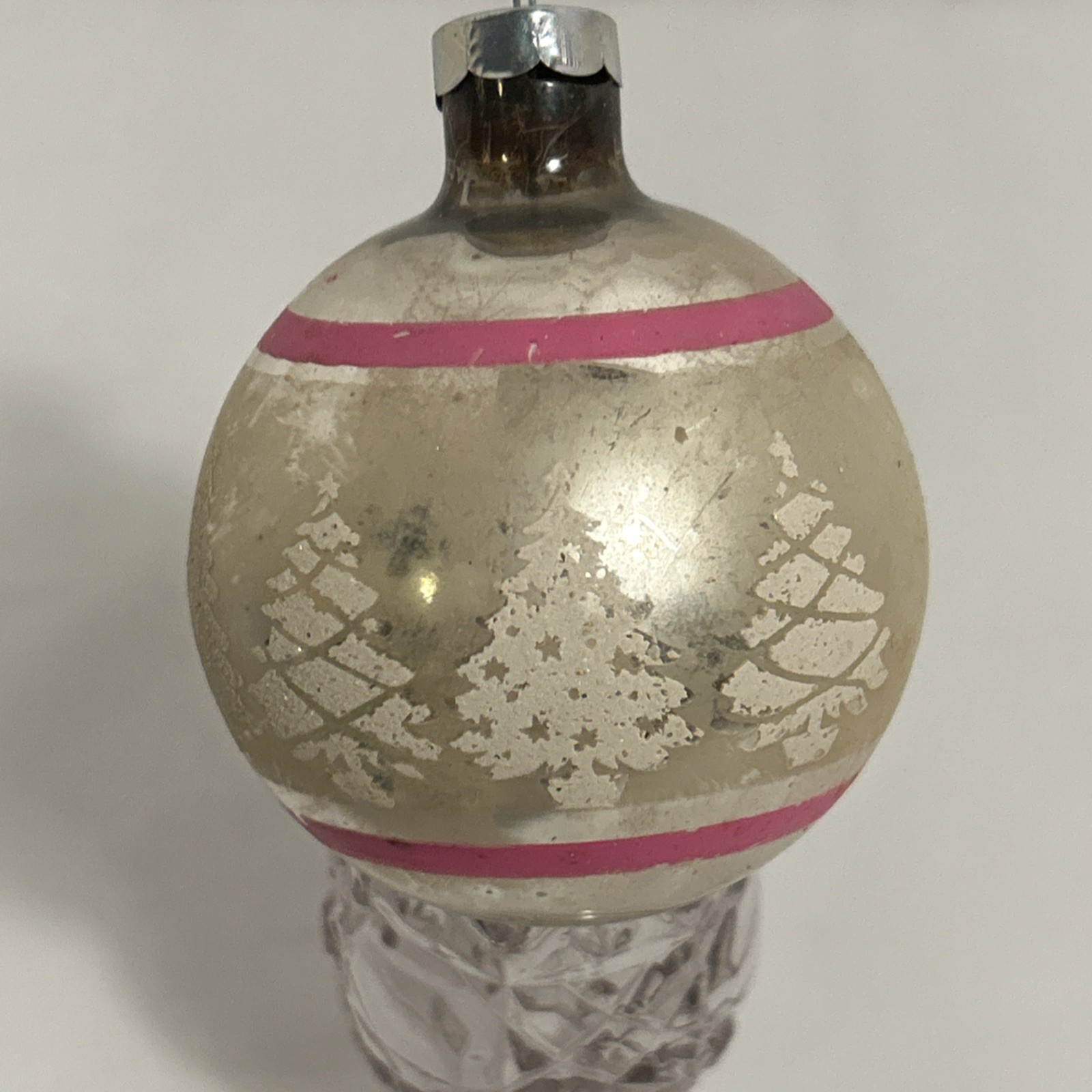 Vintage 1960’s Mercury Glass Ornament USA 2.5” Pink Stripe W/ Tree