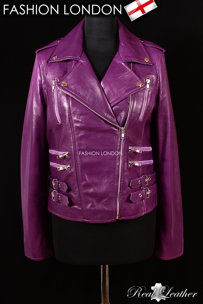 MAXIM Ladies Designer Leather Jacket Purple Wax Biker Rock Gothic