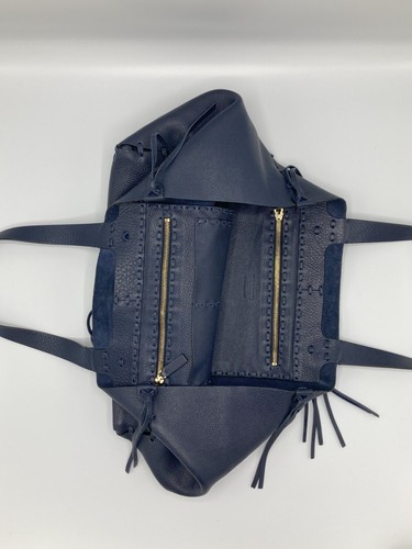 VALENTINO GARAVANI Navy Blue Pebbled Leather Large Unlined Tassel Shopper - Picture 20 of 24