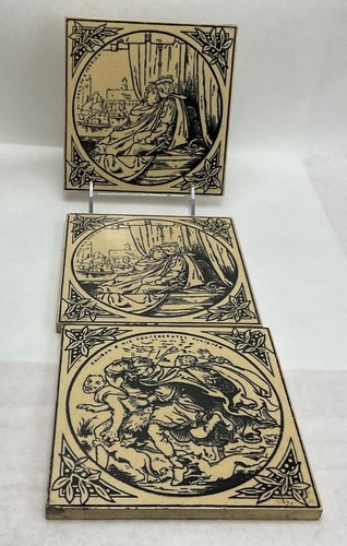 3 Antique Tiles 6" Shakespeare Minton Hollins Jessica/Lorenzo Caliban VGC