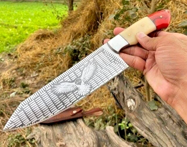 Handmade Damascus Chef Knife with Eagle Engraving full tang bone handle