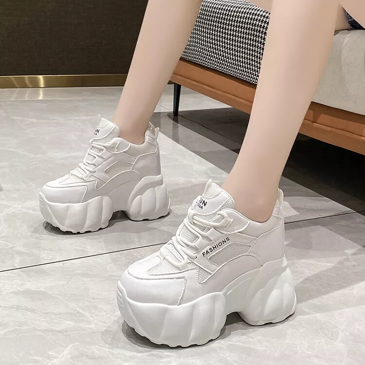 Casual Women Platform Shoes Lace Up Wedge High Heel Sport Shoes Sneaker  Creepers