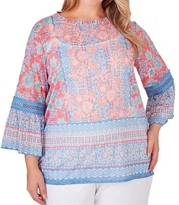 Clearance Plus Size 1X Womens Ruby Rd Patio Party ElbowSleeve Floral Lace Blouse