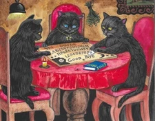 8x10 PRINT OF PAINTING RYTA HALLOWEEN BLACK CAT OUIJA BOARD SPIRIT Folk Art 🎃