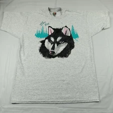 Vintage Husky Head Large Gray T-Shirt Fabric Painted Fruit Of The Loom Art 