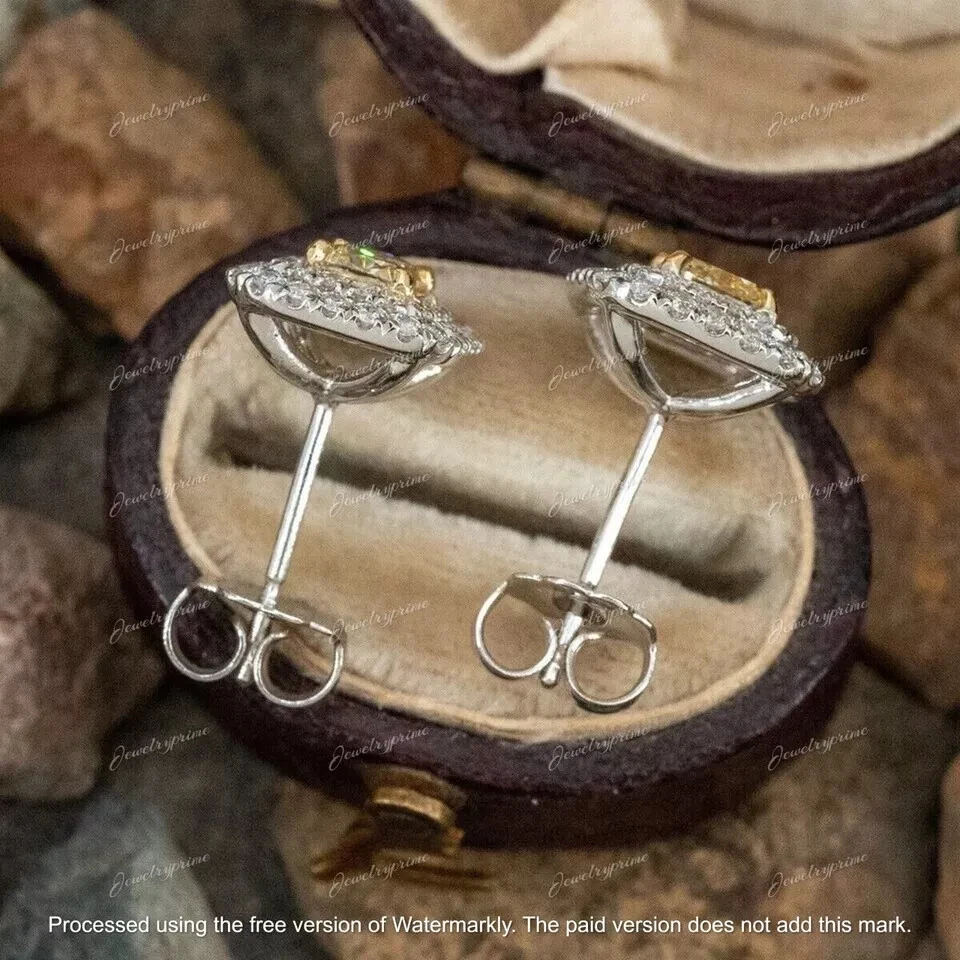 3Ct Cushion Cut Lab Created Yellow Diamond Stud Earrings 14K White Gold Finish - Image 2 of 3