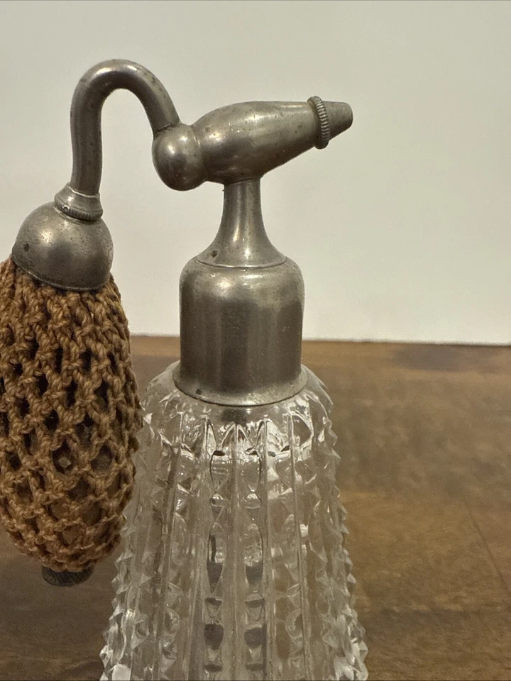 RARE Antique Nickel Chrome Perfume Atomizer Cut Crystal Glass Bottle - Image 3 of 4