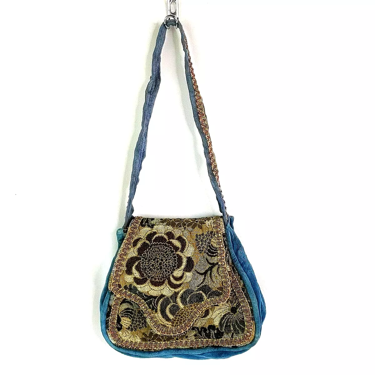 Carpet Bags of America Teal Blue Velvet Brown Tapestry Flap Purse