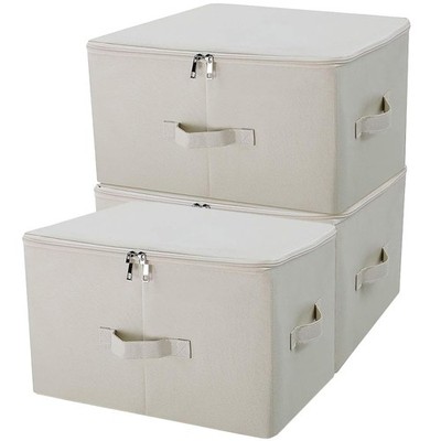 3-Pack Beige Folding Storage Boxes Zip Lid Collapsible Stackable Organizer Bins