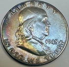 1948 D Franklin Half Dollar - Silver, Crazy Rainbow/Luster, Free Shipping