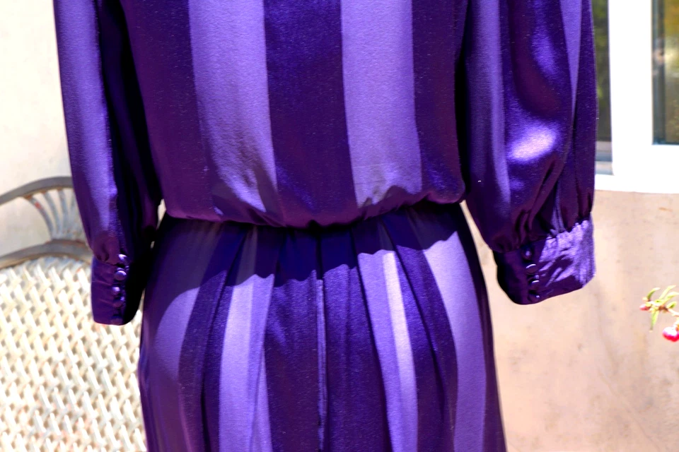 Vestido Blusa A Rayas Púrpura Albert Nipon Años 80 De Colección Seda Raglán Transparente 12 Foto 4 de 4