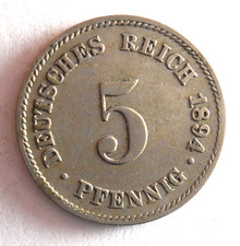 1894 J GERMAN EMPIRE 5 PFENNIG - Excellent Coin - FREE SHIP - Germany Bin #16