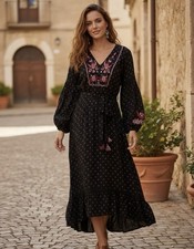 Lovestitch Black Embroidered Maxi Dress S V-Neck Balloon Sleeve Bohemian Woven
