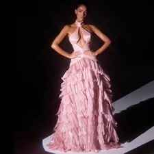 Halter Prom Dress Multilayers Princess Fairy Dress Cut Out Evening Dress A Line
