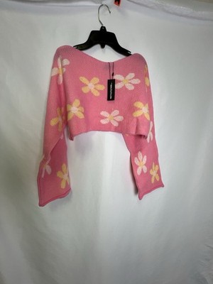 Pretty Little Thing PLT pink flower brushed knit cropped LS sweater NWT sz XS