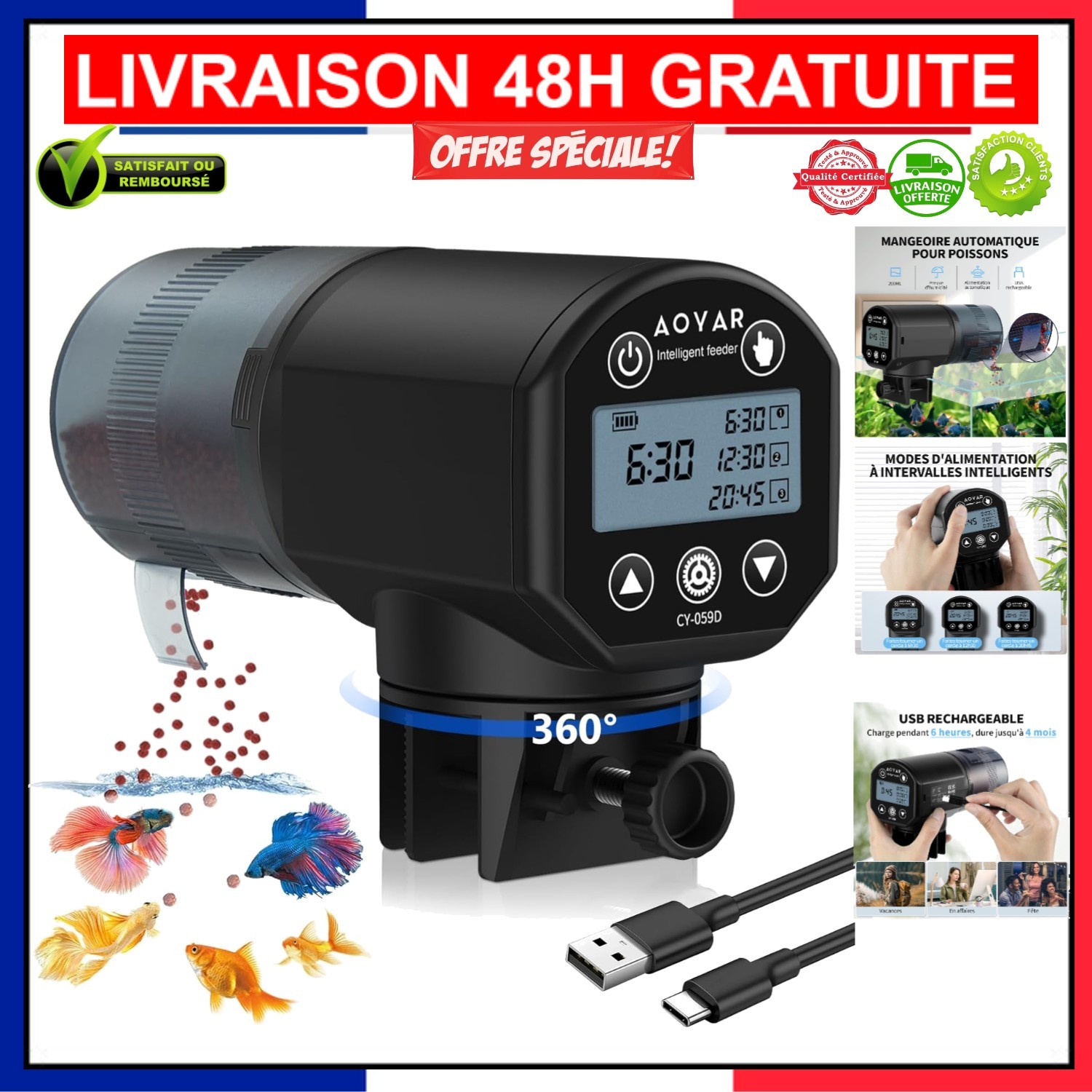 Mangeoire automatique pour poissons rechargeable USB avec 3 modes de distribution
