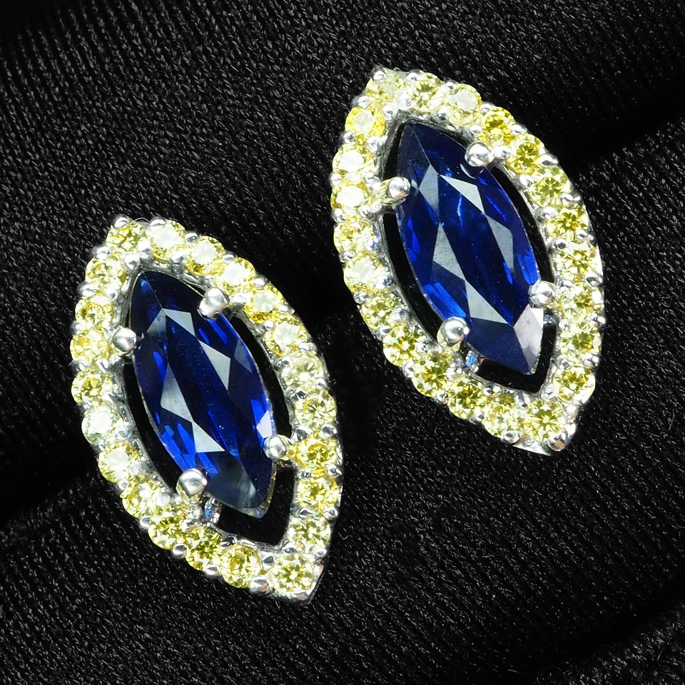 Pendientes con halo de oro blanco de plata de ley 925 de 2,50 quilates con zafiro azul real mal de ojo Foto 3 de 4