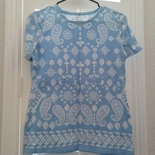 Talbots Tee Shirt Womens Stretch Blue White Paisley Short Slv Round Neck Small