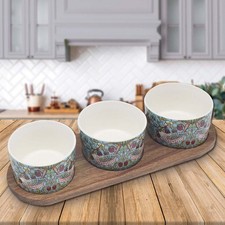 WILLAM MORRIS STRAWBERRY THIEF SET OF 3 SNACK BOWLS NIBBLE POTS ON BOARD TRAY